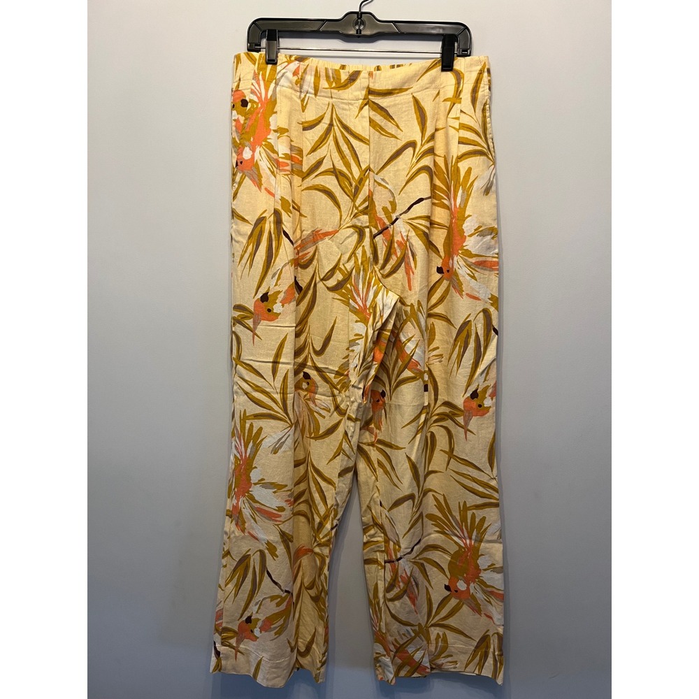 Ella Rafaella Tropical Bird Print Wide Leg Pants Yellow Orange Size 12 High Rise